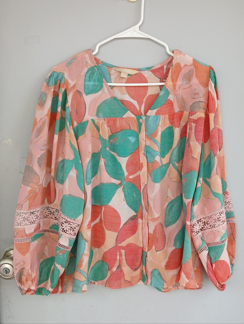 Hope & Harlow Blouse Women XL Multicolor Floral Crochet Lace Trim Peasant Top